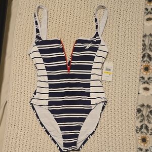 Nautica Navy and White Striped Women's One Piece Swimsuit